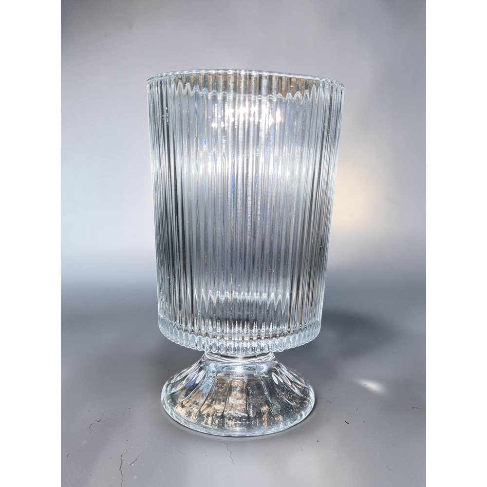 Ribbed Clear Glass Pedestal Vase Cylindrical Fluted Floral Centerpiece 7 inch
